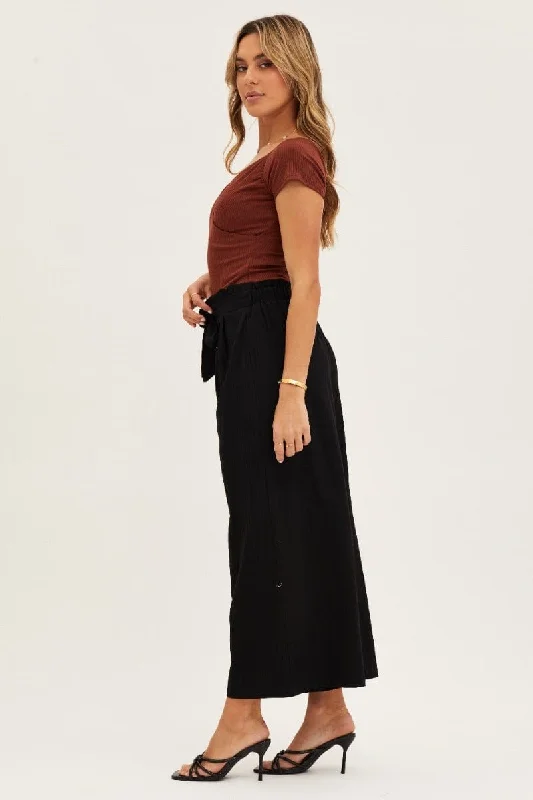 Black High Rise Waist Tie Crop Wide Pants