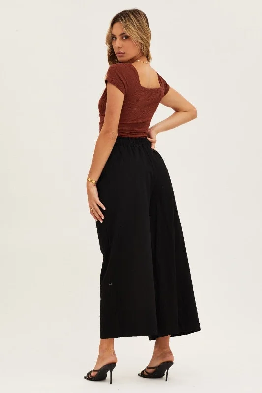 Black High Rise Waist Tie Crop Wide Pants