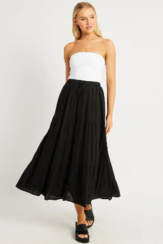 Black Maxi Skirt Tiered High Rise Linen Blend