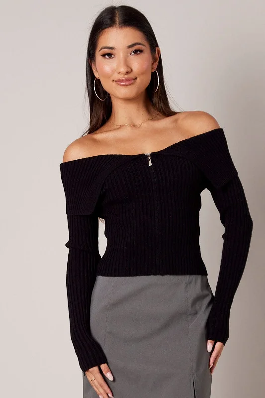 Black Off Shoulder Knit Top Long Sleeve