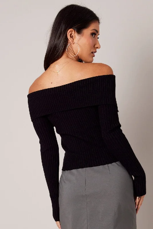 Black Off Shoulder Knit Top Long Sleeve