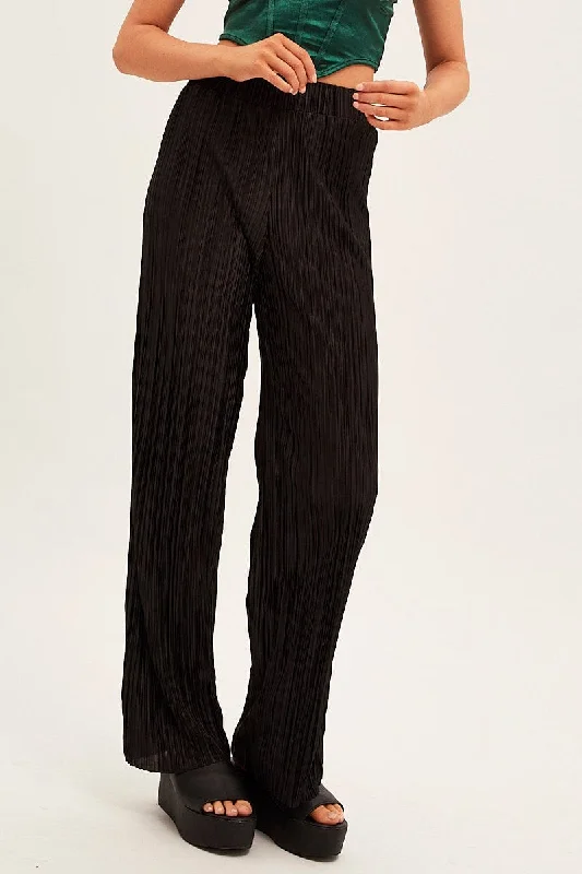 Black Plisse Pants Wide Leg