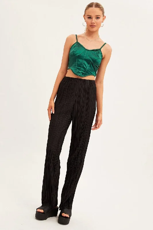 Black Plisse Pants Wide Leg