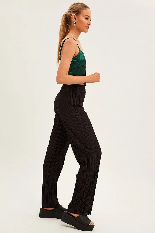 Black Plisse Pants Wide Leg