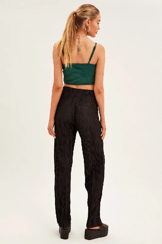 Black Plisse Pants Wide Leg