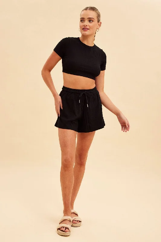 Black Prea Rib Drawstring Short