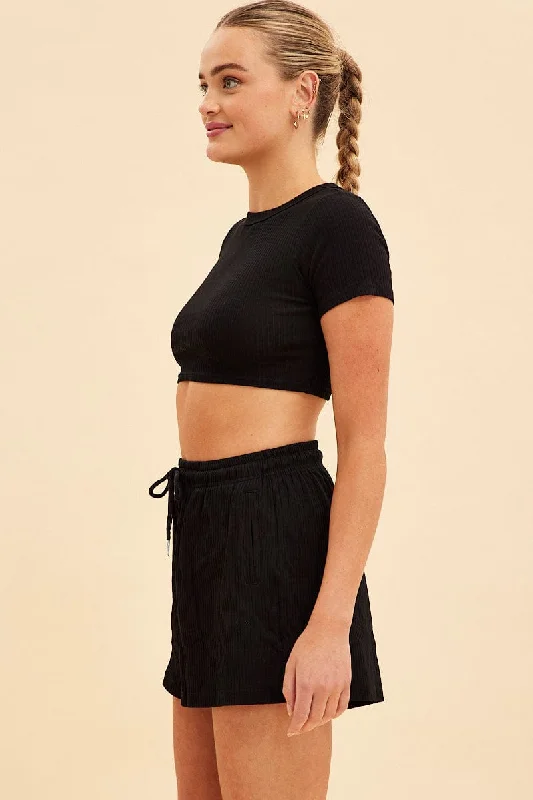 Black Prea Rib Drawstring Short