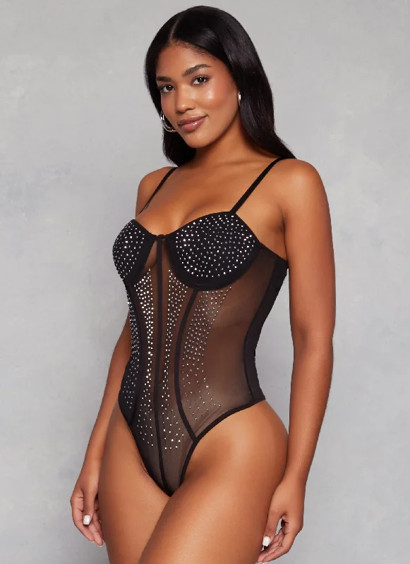 Rhinestone Mesh Detail Bustier Bodysuit