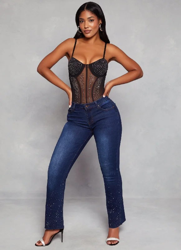 Rhinestone Mesh Detail Bustier Bodysuit