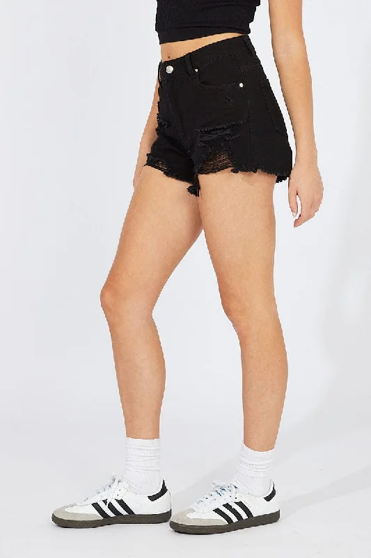 Black Ripped Denim Shorts