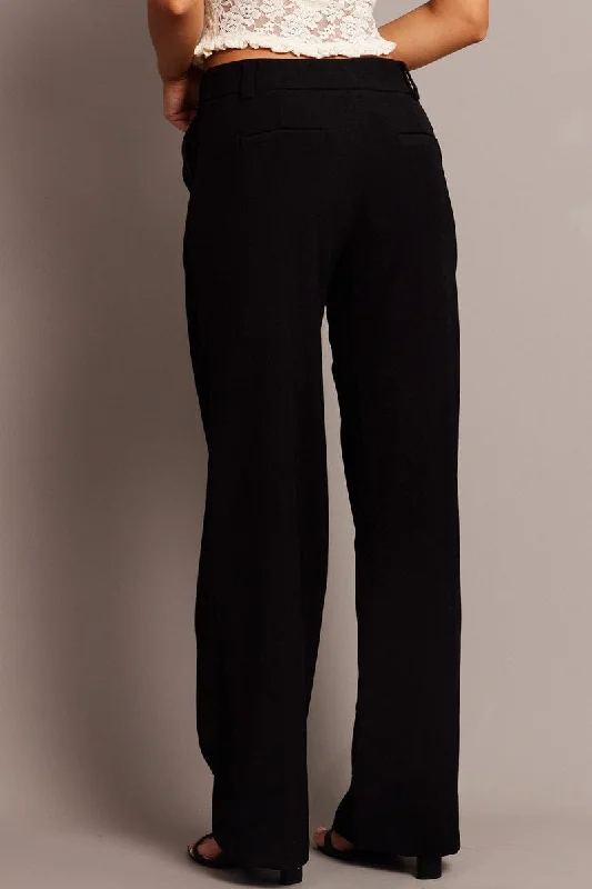 Black Straight Fit Pants Mid Rise