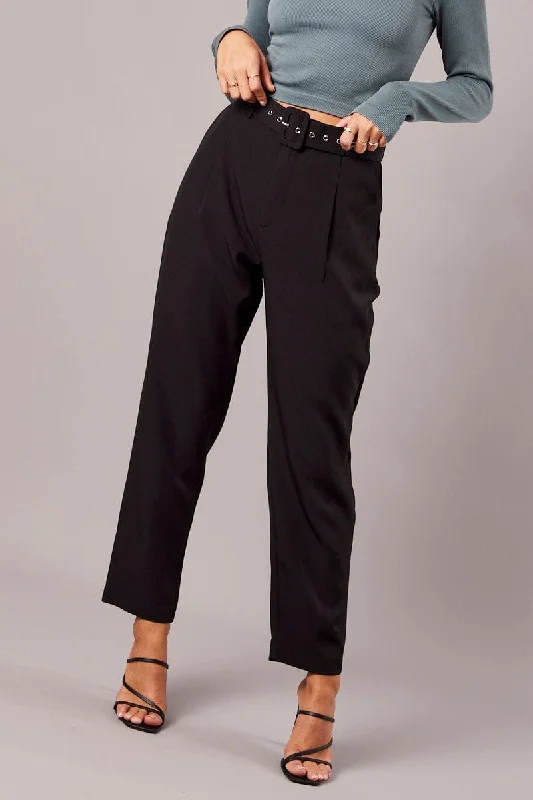 Black Tapered Pants High Rise Belted