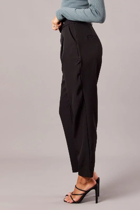 Black Tapered Pants High Rise Belted