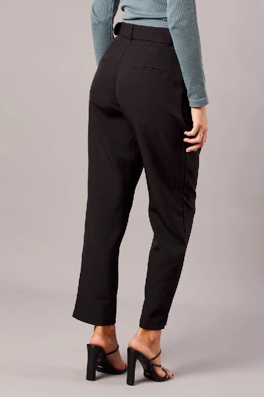 Black Tapered Pants High Rise Belted