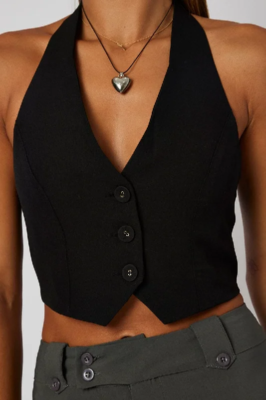 Black Vest Top Halter Neck Button Top