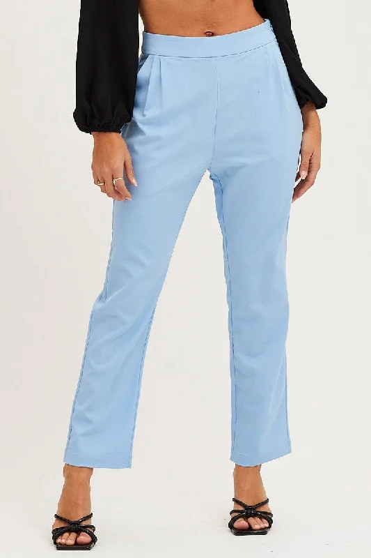 Blue Cropped Pants High Waist Workwear