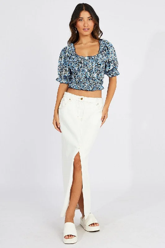 Blue Ditsy Crop Top Short Sleeve Satin