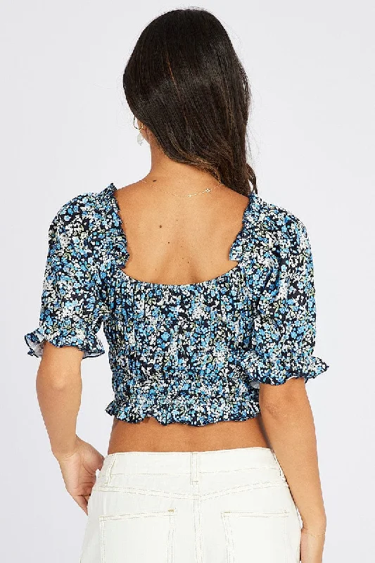 Blue Ditsy Crop Top Short Sleeve Satin