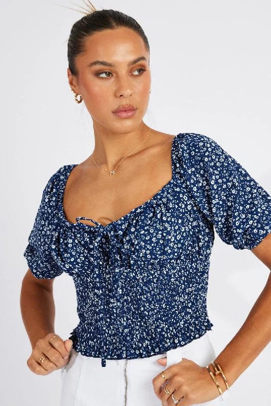 Blue Floral Crop Top Short Sleeve