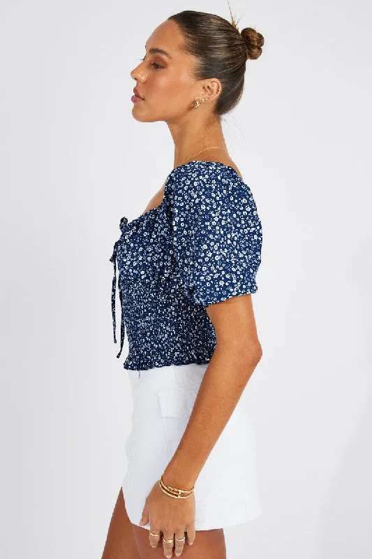 Blue Floral Crop Top Short Sleeve