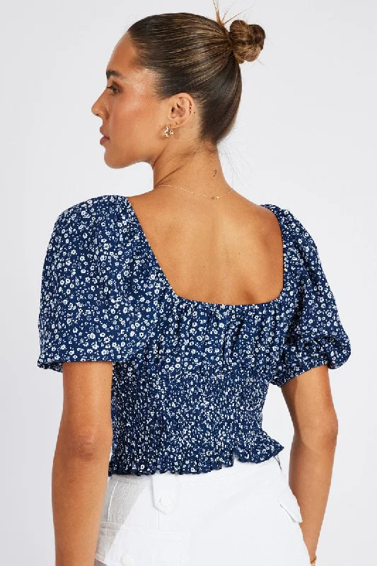 Blue Floral Crop Top Short Sleeve