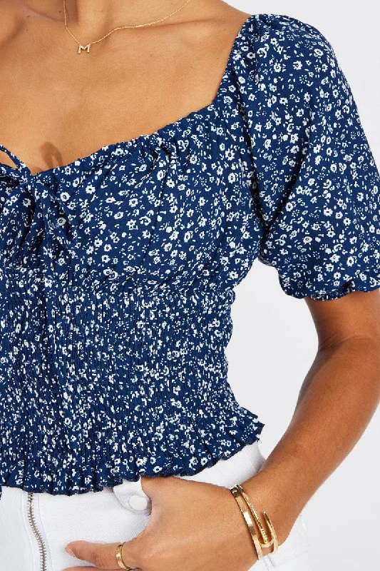 Blue Floral Crop Top Short Sleeve