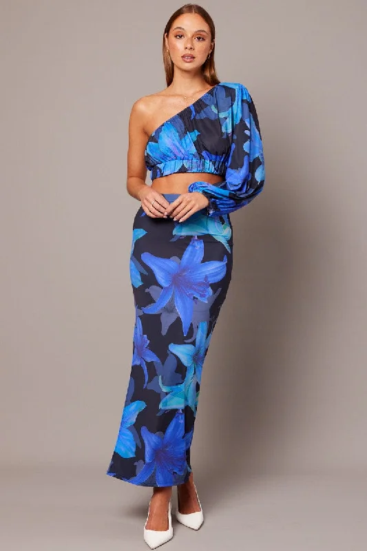 Blue Floral One Shoulder Top Balloon Sleeve Crop Top