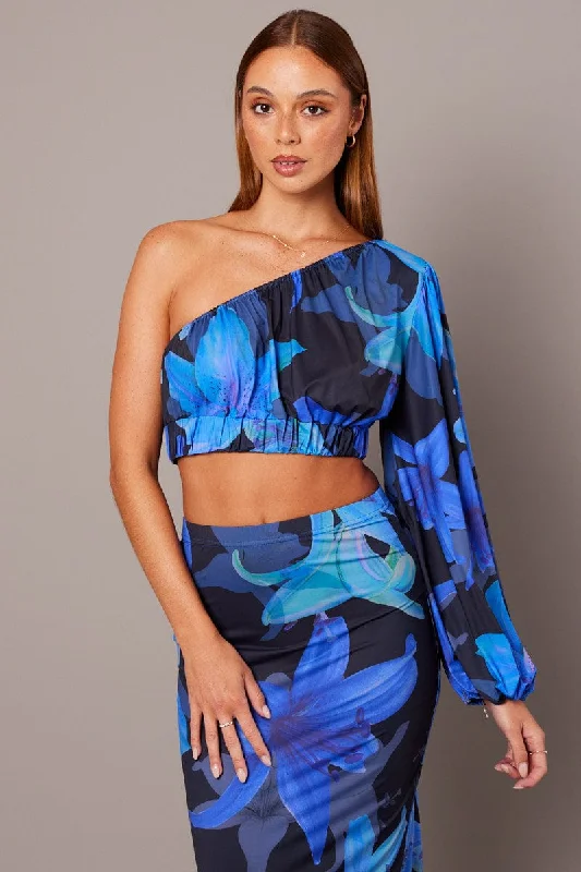 Blue Floral One Shoulder Top Balloon Sleeve Crop Top