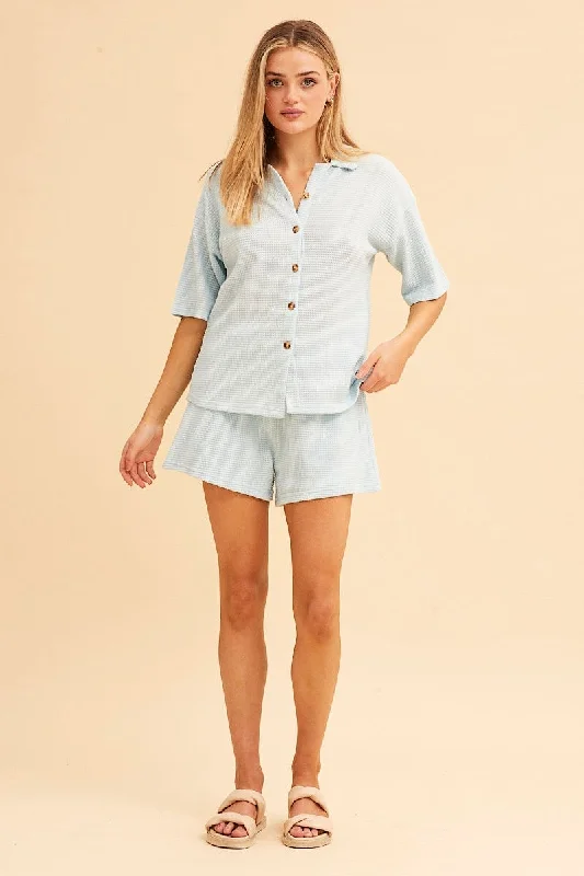 Blue Sabine Oversized Textured Lounge Short Sleeve Top