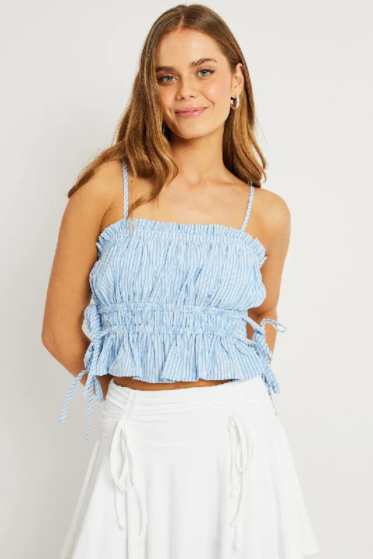 Blue Stripe Crop Top Sleeveless Ruched