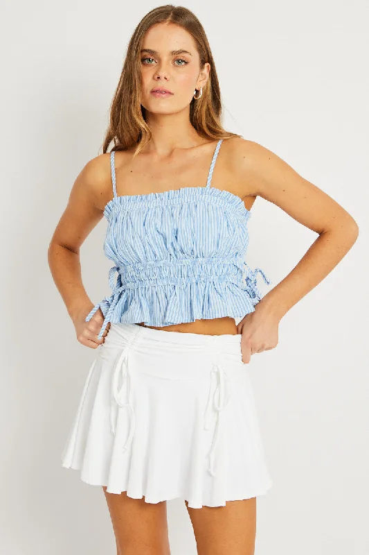 Blue Stripe Crop Top Sleeveless Ruched