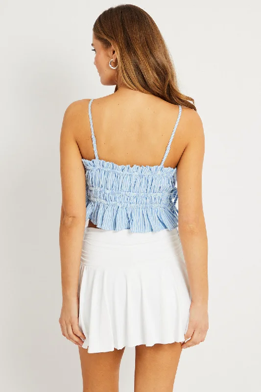 Blue Stripe Crop Top Sleeveless Ruched