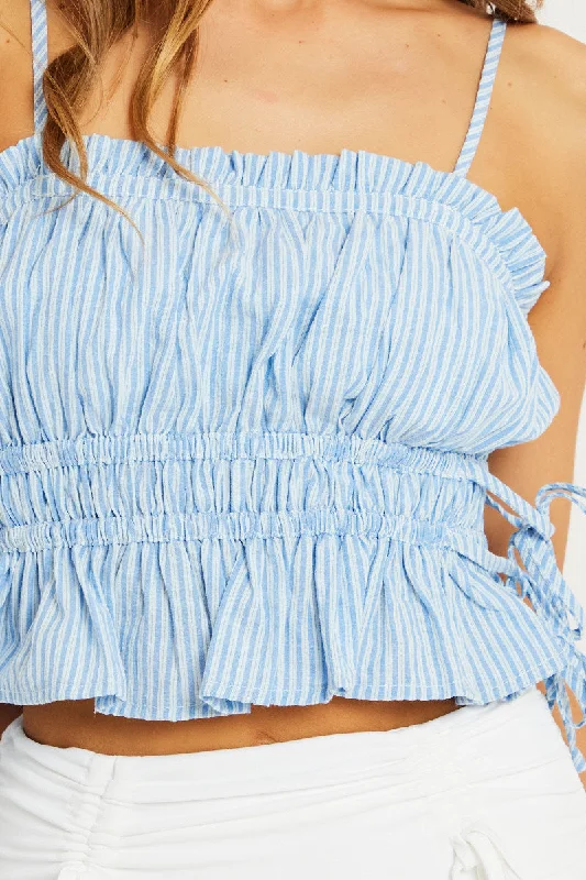 Blue Stripe Crop Top Sleeveless Ruched