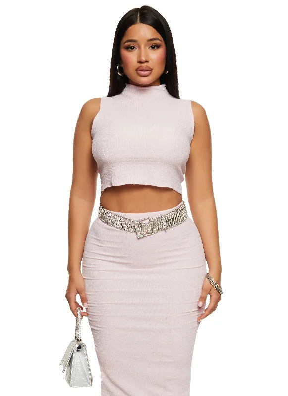 Textured Knit Sleeveless Mock Neck Crop Top