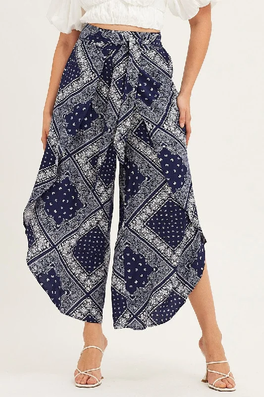 Boho Print High Rise Front Split Wide Leg Pants