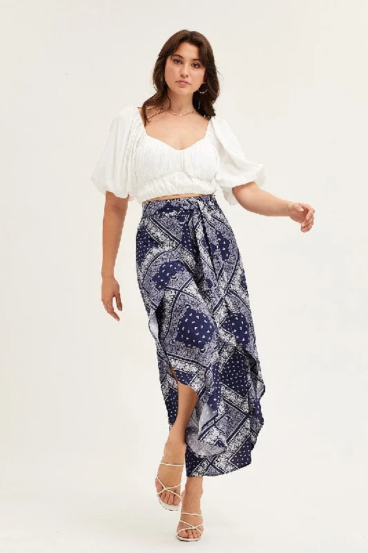 Boho Print High Rise Front Split Wide Leg Pants