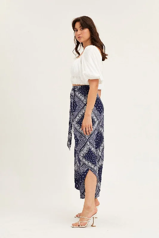 Boho Print High Rise Front Split Wide Leg Pants