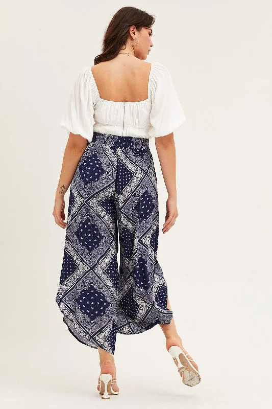 Boho Print High Rise Front Split Wide Leg Pants