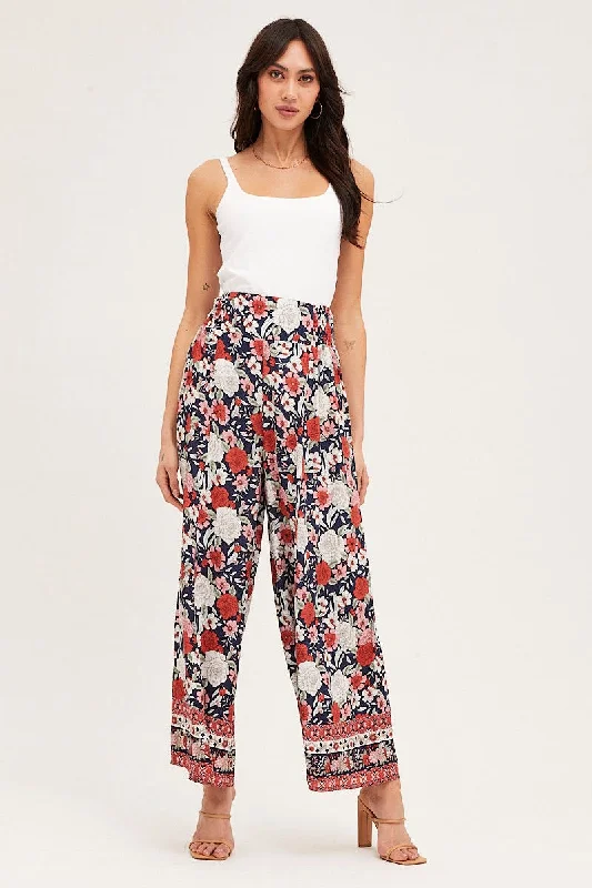 Boho Print Wide Leg Pants High Rise Elastic Waist