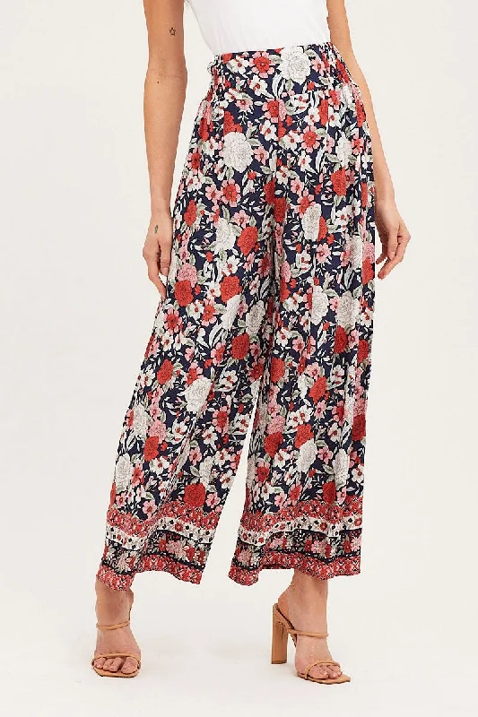 Boho Print Wide Leg Pants High Rise Elastic Waist