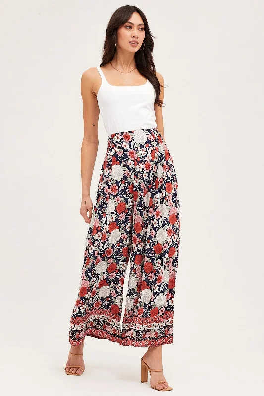 Boho Print Wide Leg Pants High Rise Elastic Waist