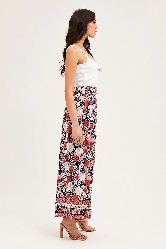 Boho Print Wide Leg Pants High Rise Elastic Waist