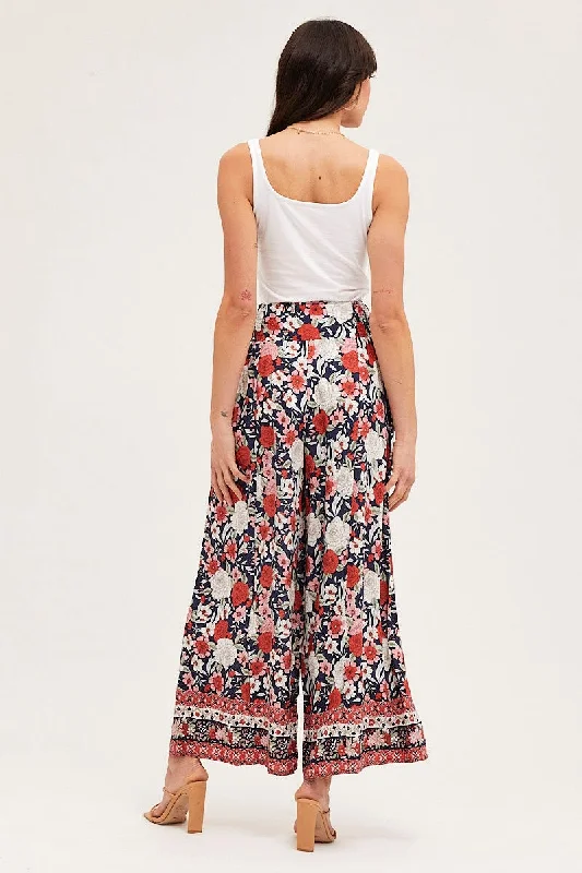 Boho Print Wide Leg Pants High Rise Elastic Waist