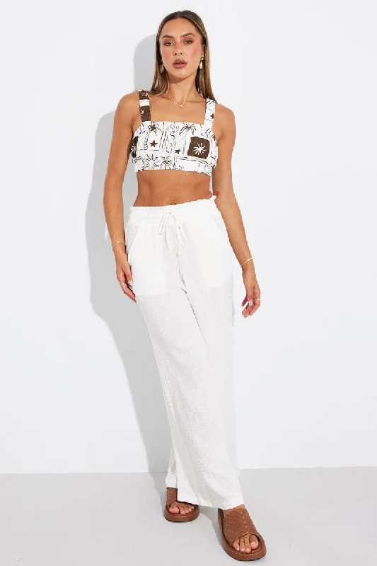 Brown Abstract Crop Top Square Neck Linen