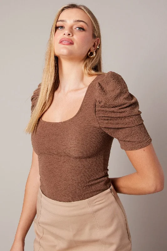 Brown Bodysuit Short Sleeve Textured