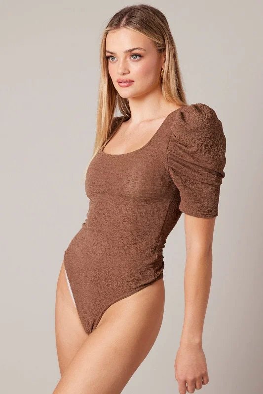 Brown Bodysuit Short Sleeve Textured