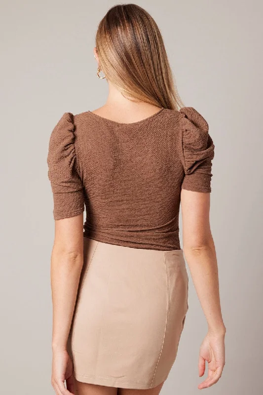 Brown Bodysuit Short Sleeve Textured