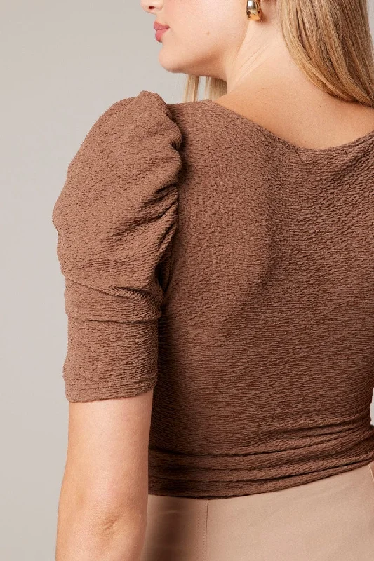 Brown Bodysuit Short Sleeve Textured