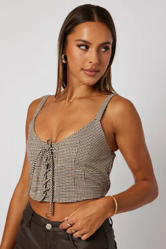 Brown Check Corset Top Sleeveless Lace Up