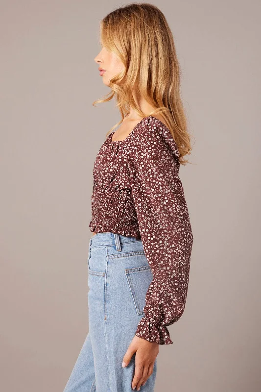 Brown Ditsy Crop Top Long Sleeve Shirred Waist